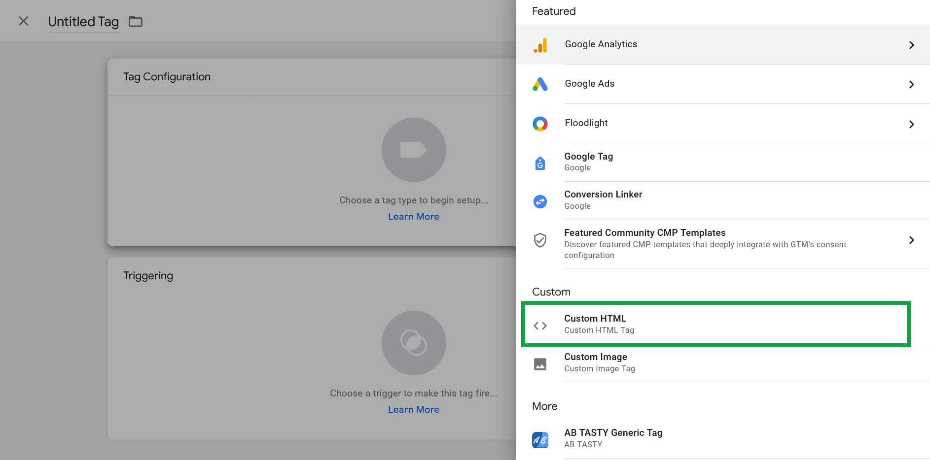 Screenshot showing creation of a new tag in Google Tag Manager